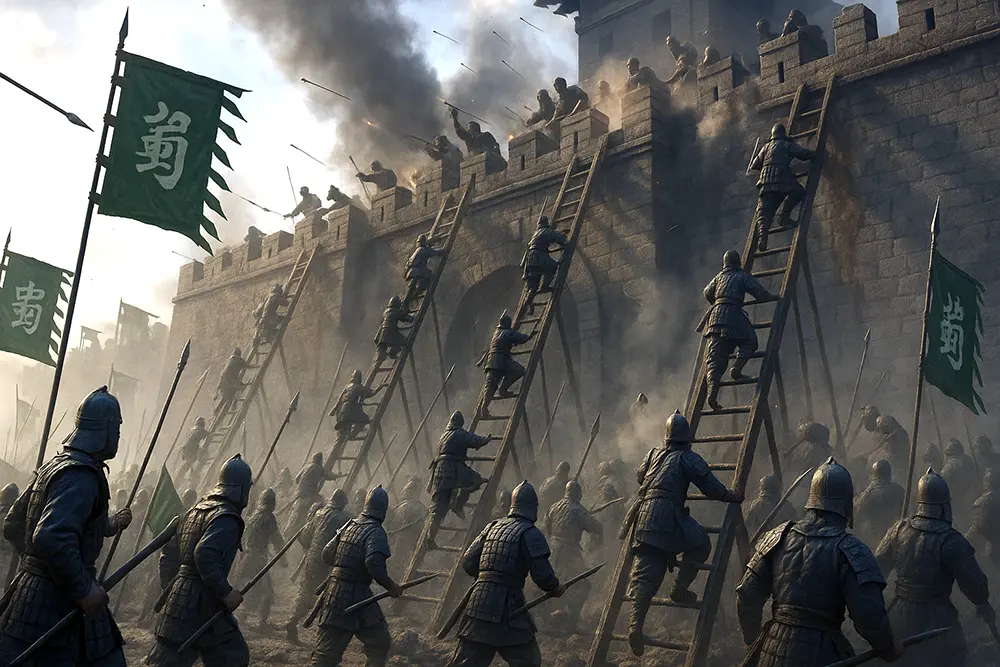 Liu Bei’s forces storm the fortress walls in their swift advance against Eastern Wu