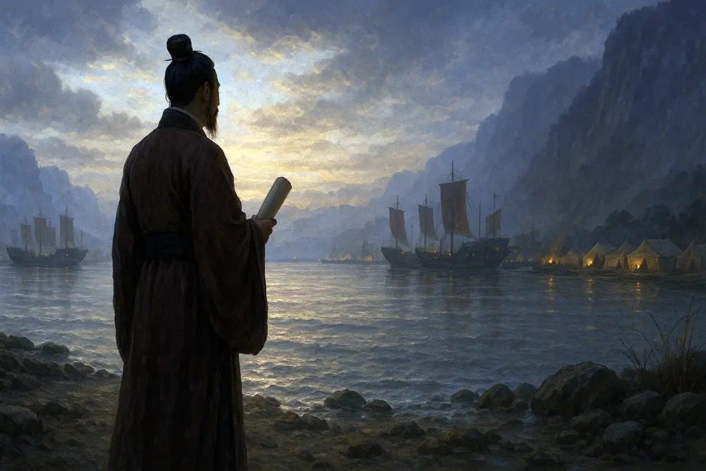 On the river’s edge, Lu Su contemplates the balance of peace and war, his counsel shaping the destiny of Wu