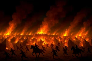 The night sky burns red as Shu’s encampments collapse in flames at Yiling, soldiers and horses fleeing into chaos
