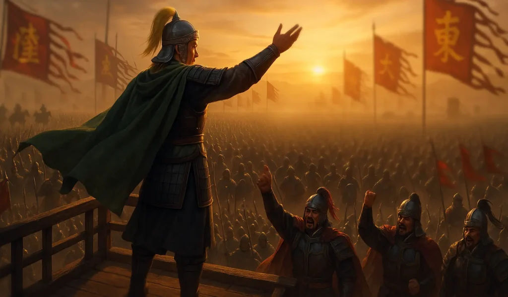 Lu Xun rallies the Wu army with calm authority before facing Liu Bei’s invasion at Yiling