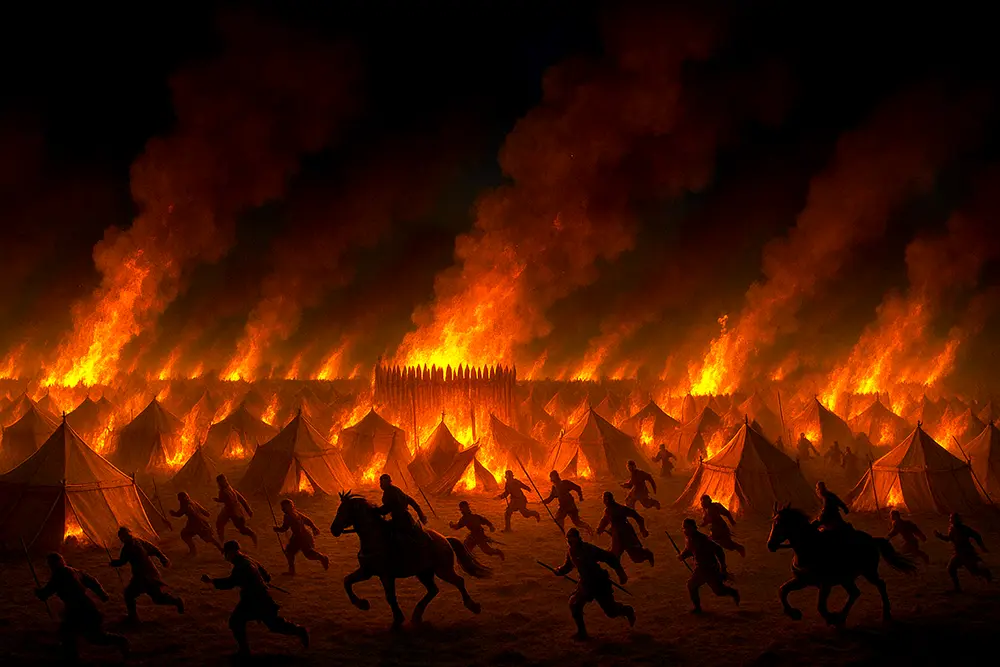 The night sky burns red as Shu’s encampments collapse in flames at Yiling, soldiers and horses fleeing into chaos