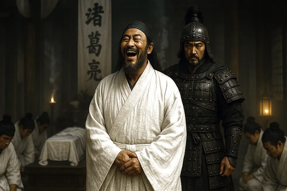 In the hall of mourning, Wei Yan laughs wildly at Zhuge Liang’s passing, while Ma Dai stands behind him in silent judgment