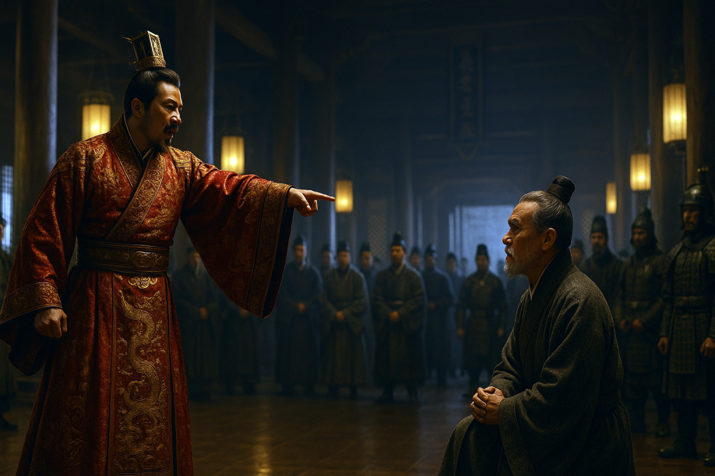 Zhuge Jin kneels in vain before Sun Quan, his persuasion met with anger instead of accord