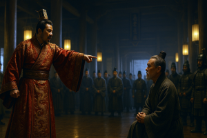 Zhuge Jin kneels in vain before Sun Quan, his persuasion met with anger instead of accord