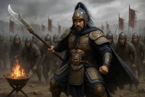 Zhang Liao of Wei leads from the front, armored and resolute, his men standing firm behind him on the eve of battle