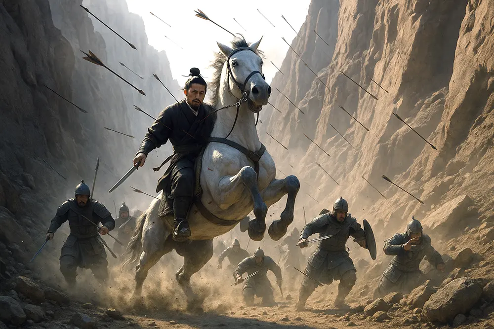 Pang Tong meets his tragic end under a rain of arrows in the Valley of the Fallen Phoenix