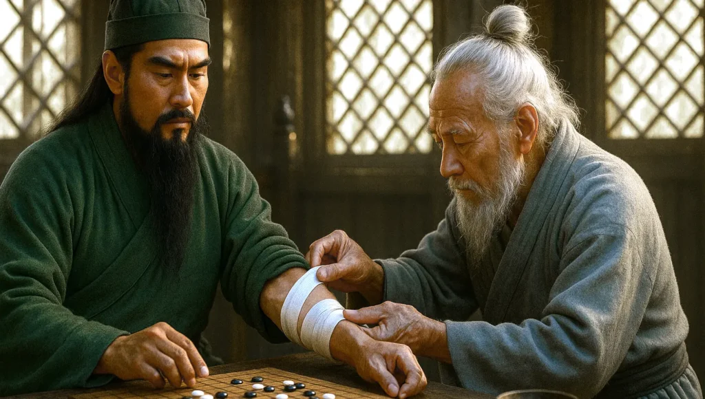 A dramatic moment where Hua Tuo conducts a risky arm surgery while Guan Yu plays chess, showing his unmatched resolve