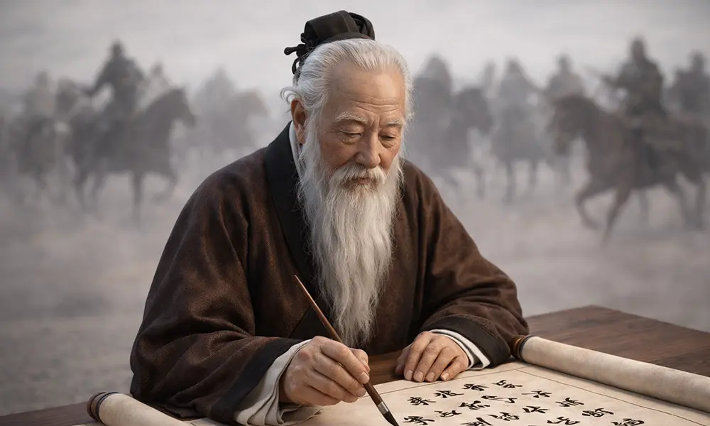 Luo Guanzhong drafting a manuscript at his desk