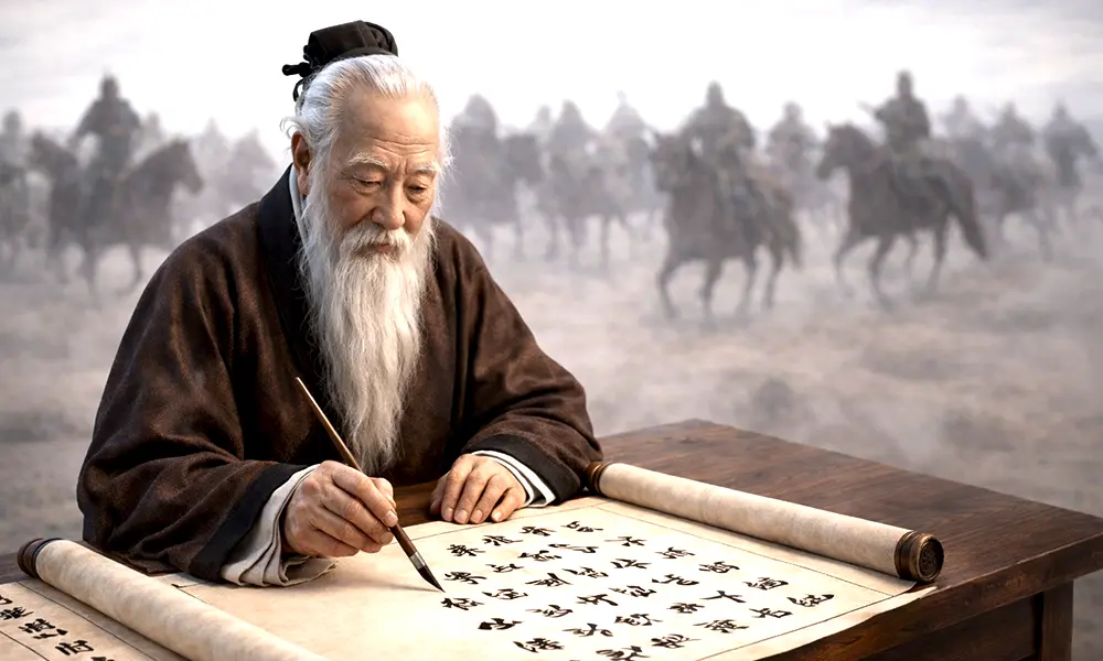 Luo Guanzhong drafting a manuscript at his desk